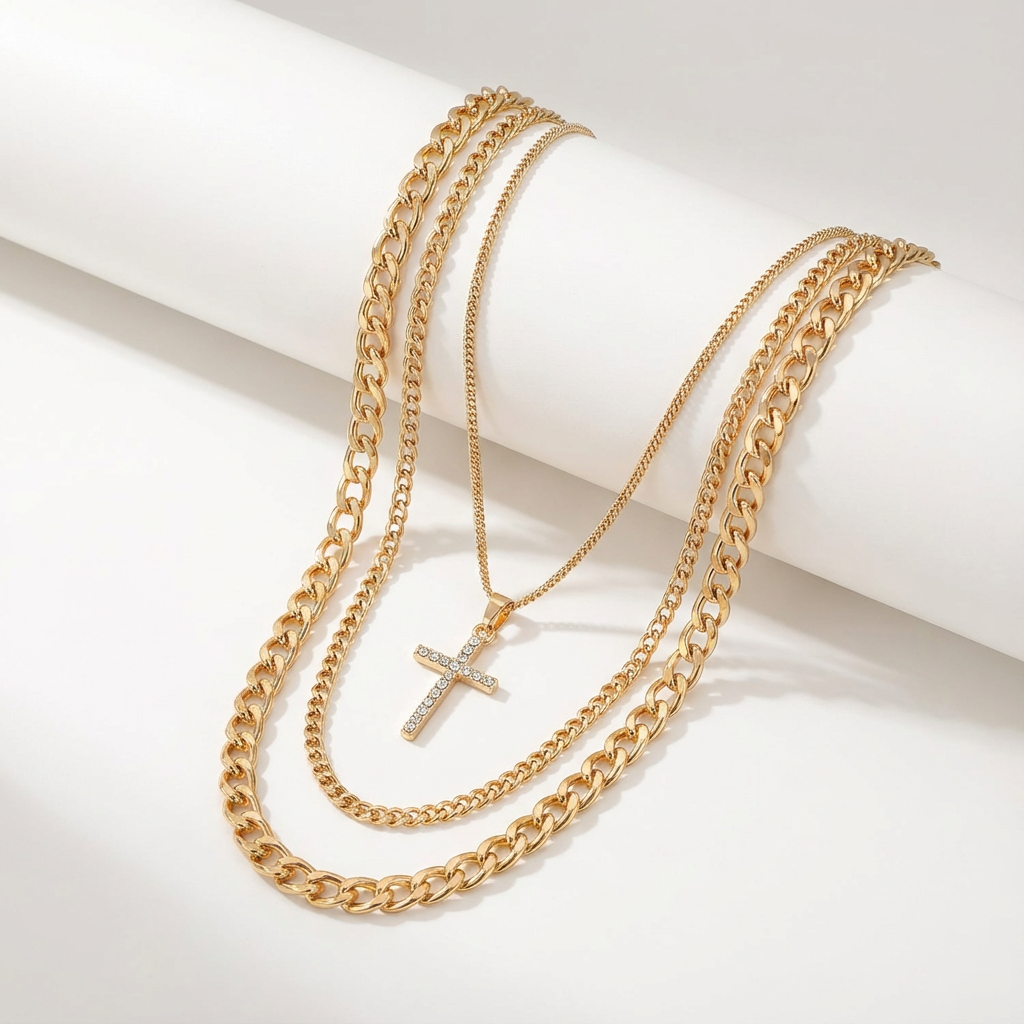 Layered Gold Cross Necklace Set