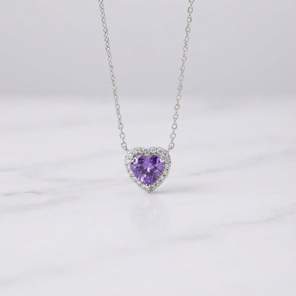Sterling Silver Amethyst CZ Heart Necklace