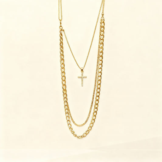 Layered Gold Cross Necklace Set