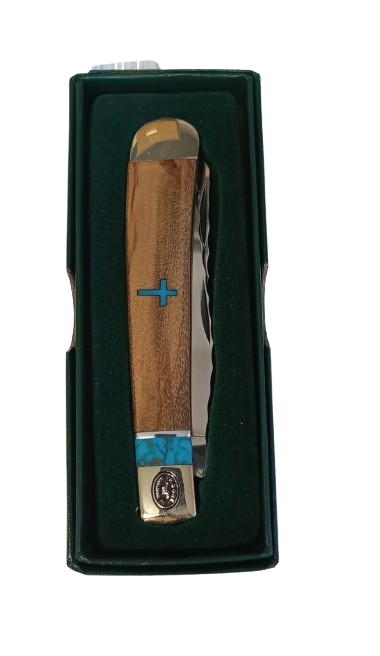 Moore Maker Trapper 4 1/8" Two Blade with Turquoise Cross Inlay