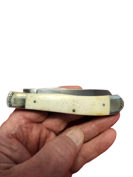 Moore Maker Matador, Texas 5202PC Praying Cowboy Trapper Knife WHITE Bone
